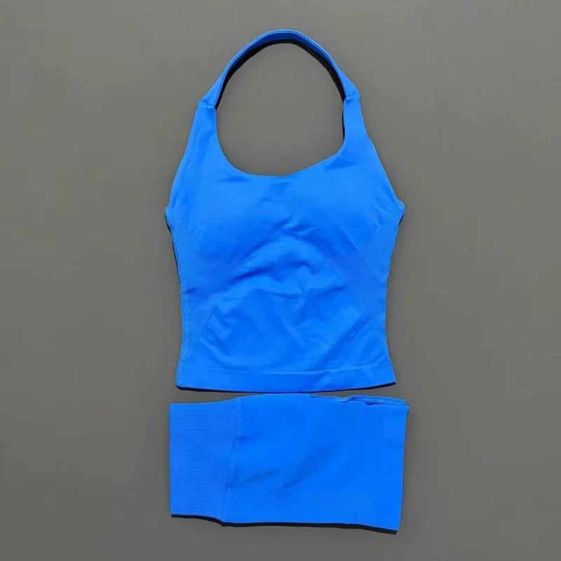 2 Pieces Sports Halter Top Strappy Bra Shorts Set Women Seamless Yoga Gym Leggings Set Running Fitness Sports Shorts Suit