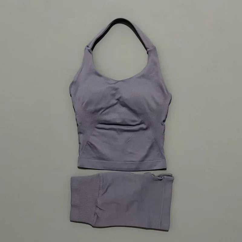 2 Pieces Sports Halter Top Strappy Bra Shorts Set Women Seamless Yoga Gym Leggings Set Running Fitness Sports Shorts Suit