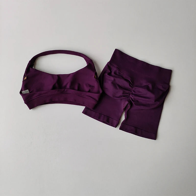 Sexy Halter Neck Beautiful Back High Waist Peach Sports Bras Shorts Suit Pilates Gathering Yoga Vest Training Fitness Bra Sets