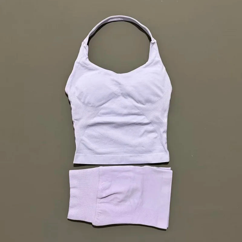 2 Pieces Sports Halter Top Strappy Bra Shorts Set Women Seamless Yoga Gym Leggings Set Running Fitness Sports Shorts Suit